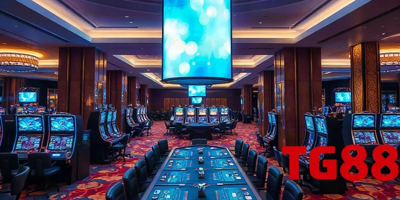 Sảnh casino trực tuyến SA Gaming với bàn chơi bài và màn hình hiển thị